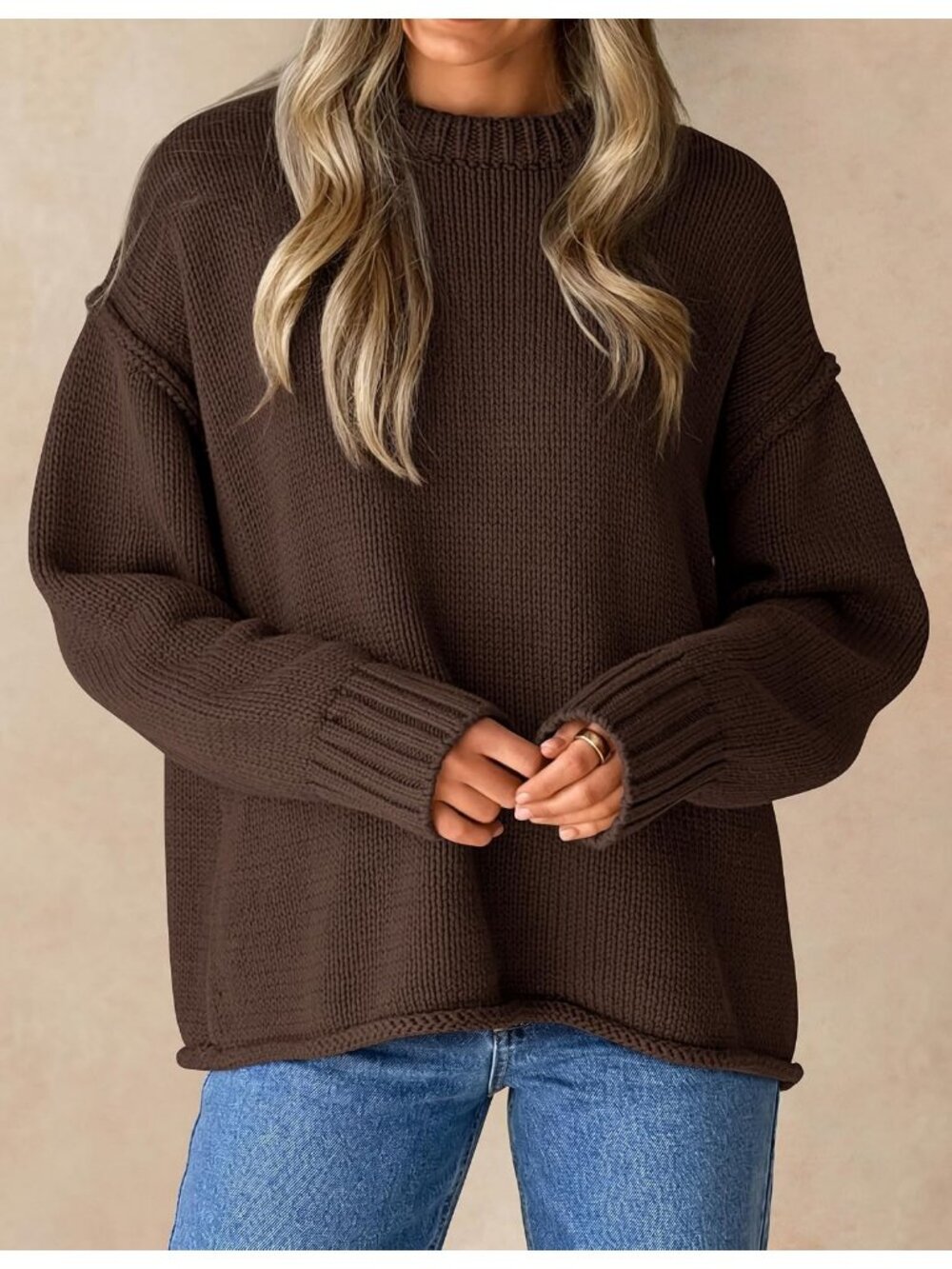 Women's Coffee Fall Long Sleeve Crewneck Oversized Chunky Loose Fit Sweaters - Picture 4 of 6